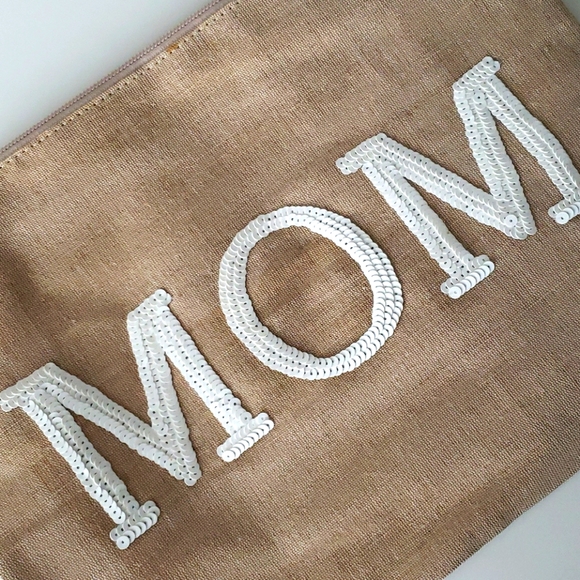 NWOT Large Burlap Sequin Embroidered "MOM" Clutch - Picture 2 of 6